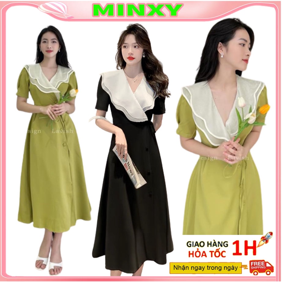 Váy phối cổ V ,đâm tơ hai lớp vạt cúc bọc,chất vải mango co giãn nhẹ,cúc bọc tỉ mỉ thủ công lên đồ chanh xả-Minxy shop