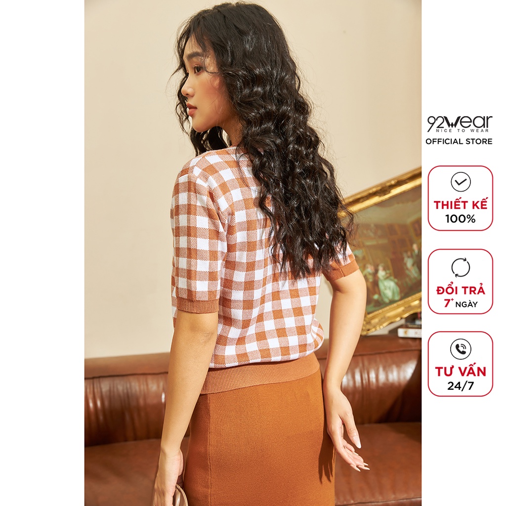 Áo len nữ ngắn tay cổ tròn 92WEAR, phong cách Hàn Quốc trẻ trung, họa tiết caro cá tính  ALA0056 | BigBuy360 - bigbuy360.vn