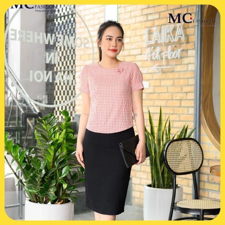 Áo Kiểu Tay Cộc Kẻ Sọc Caro Công Sở Mc Fashion Màu Cam Xanh Cổ Tròn TA971