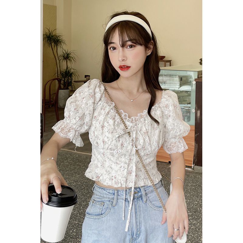 Áo Croptop Tay Phồng Họa Tiết Hoa Thiết Kế Mới Thời Trang Mùa Hè 2022