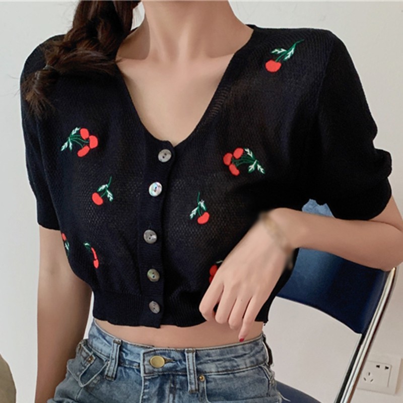 Áo Cardigan Ngắn Tay Thêu Hình Trái Cherry Xinh Xắn Dành Cho Nữ