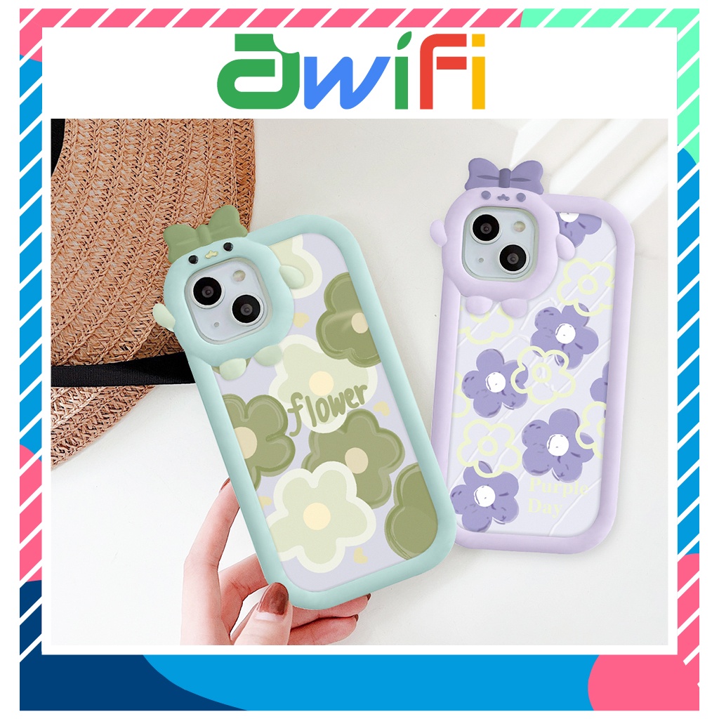 Ốp Lưng Iphone Nơ Camera Hình Vuông Hoa Xanh Tím 6/6Splus/7/7Plus/8/8Plus/X/Xs/11/12/13/Pro/Max/Plus/Promax - Awifi B5 - 12