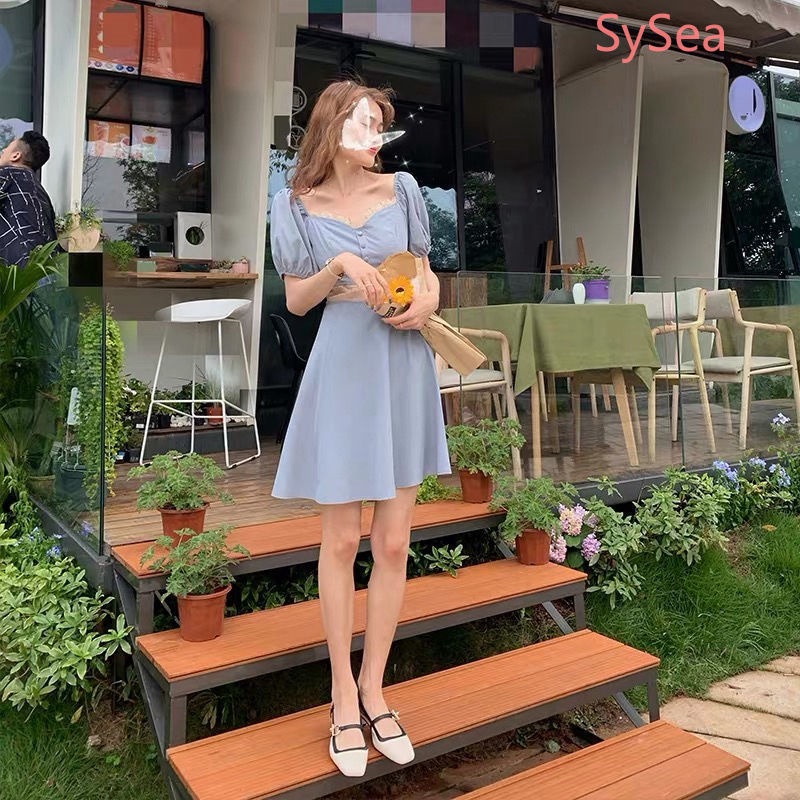 Đầm tay phồng cổ vuông thời trang mùa hè phong cách Pháp cho nữ