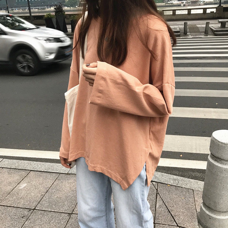 Mới Áo thun nữ tay dài màu trơn kiểu Hàn Quốc