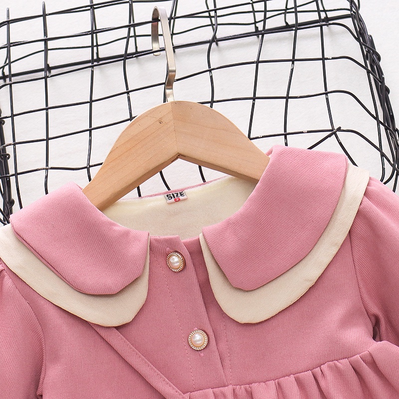 Đầm Cotton Thu Đông Tay Dài Cổ Búp Bê Màu Đỏ / Hồng Phong Cách Hàn Quốc Cho Bé Gái 0-3 Tuổi