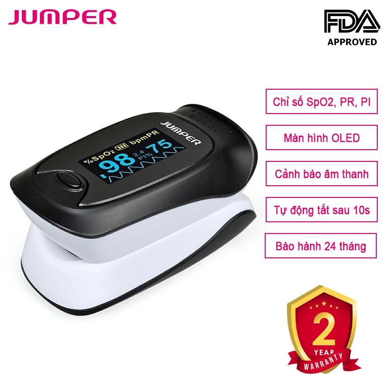 Máy đo nồng độ oxy máu Spo2, nhịp tim PR và chỉ số PI, cảnh báo âm thanh Jumper JPD-500D