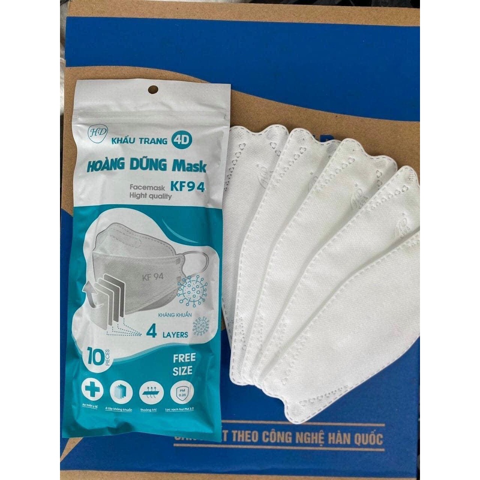 Set 10 Chiếc Khẩu trang 4 Lớp KF94 HOÀNG DŨNG Màu Trắng Chống Bụi Mịn Và Kháng Khuẩn Hàng Cao Cấp.