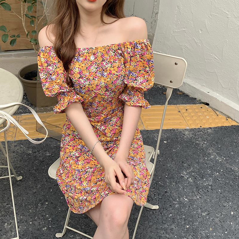 SUXI Đầm Nữ Ngắn Tay Cổ Tròn In Hoa Thời Trang