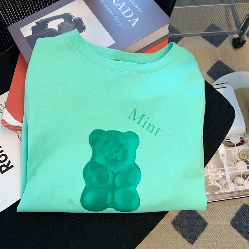 Áo Thun Nữ Ngắn Tay Cổ Tròn In Hình Gấu Hoạt Hình Thời Trang