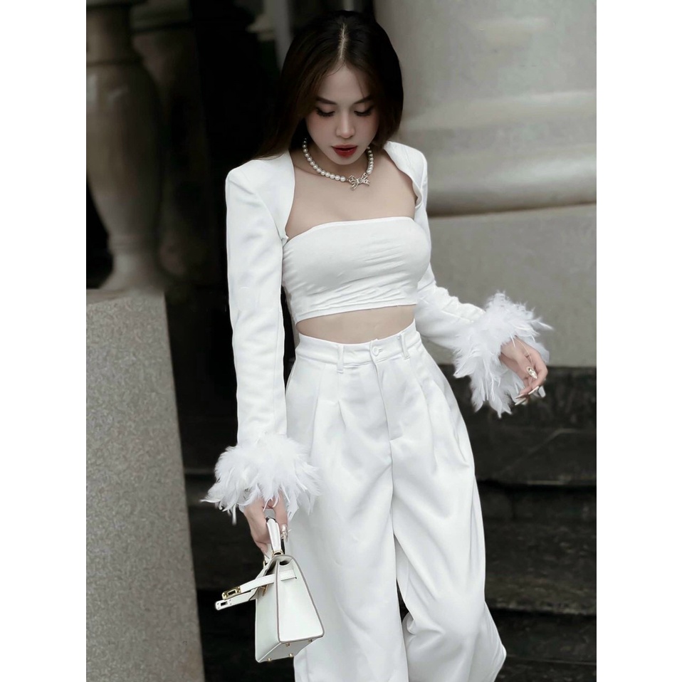 Set Ba Món Áo Quây Quần Suông Áo Dài Tay Đính Lông Vũ Chanh Sả Hết Nấc Thời Trang Nữ Cá Tính Chất Ngầu