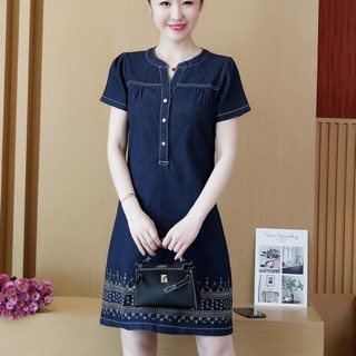 Đầm jean big size màu xanh đậm lai thêu viền size 65-95kg