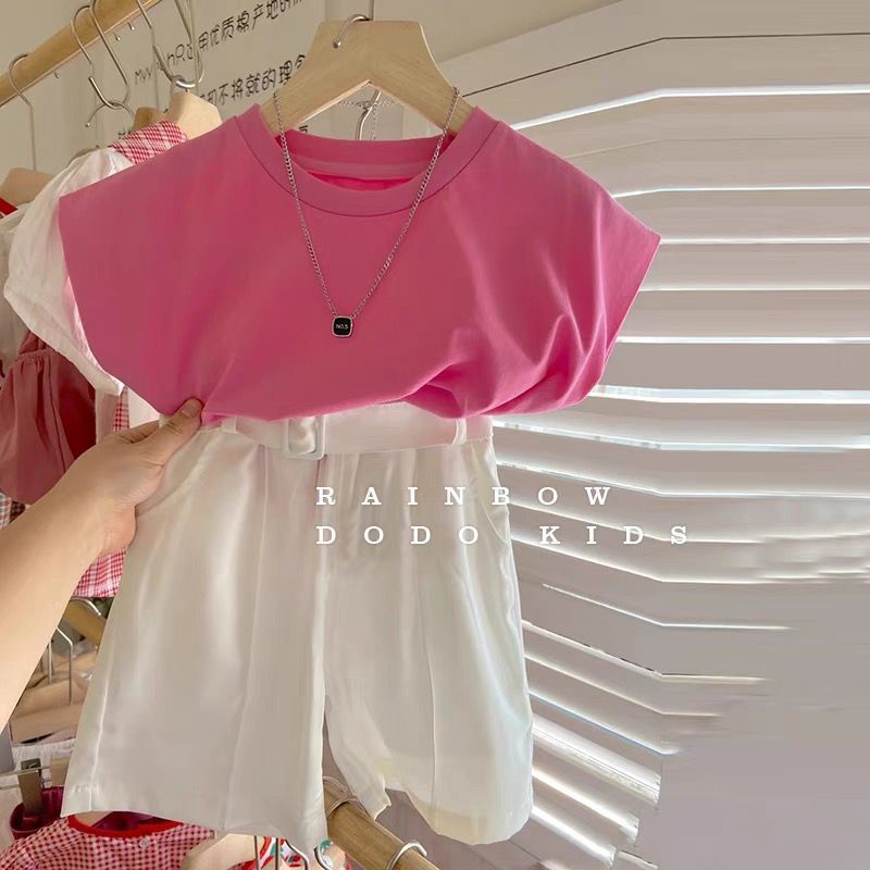 Bộ Đồ Màu Hồng Trắng Sang Trọng!Bộ Áo Thun Ngắn Tay Màu Hồng + Quần Short Thời Trang Mùa Hè Mới Cho Bé Gái 0402