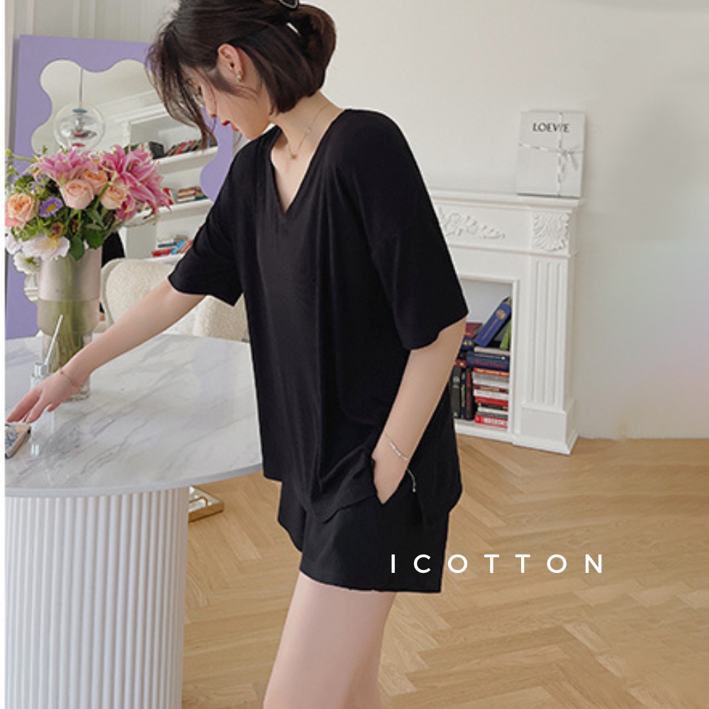 Bộ đồ cộc tay nữ iCotton dáng rộng basic cao cấp áo thụng tay lỡ, quần đùi mặc nhà, đi chơi thoải mái có bigsize