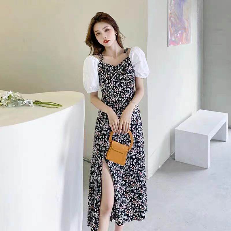 Đầm IELGY dáng dài qua đầu gối tay ngắn phối hai dây in họa tiết hoa phong cách Pháp thời trang dành cho nữ