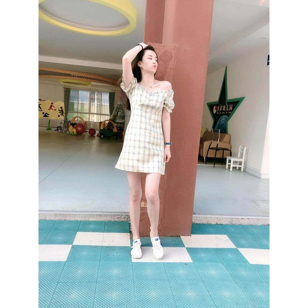 Đầm trễ vai họa tiết sọc caro phong cách Hàn Quốc thời trang mùa hè cho nữ