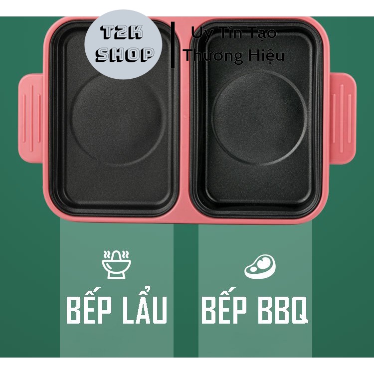 Bếp Lẩu Nướng Điện Mini 2 Nấc Nhiệt - Nồi Lẩu Nướng 2 Ngăn Tách Rời Chống Dính Không Khói - T2K Shop