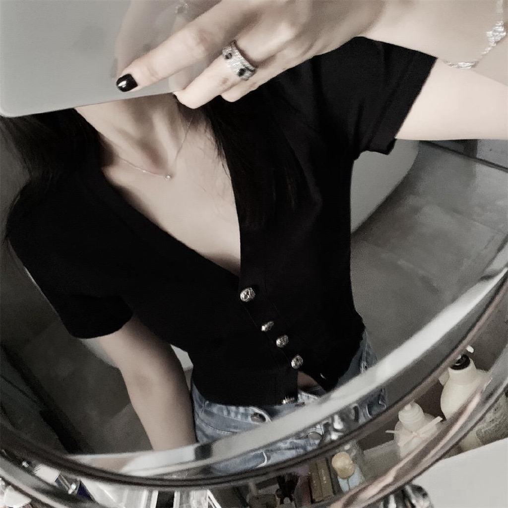 Áo Croptop Ngắn Tay Cổ Chữ V Màu Trơn Thời Trang Mùa Hè Năng Động Cho Nữ
