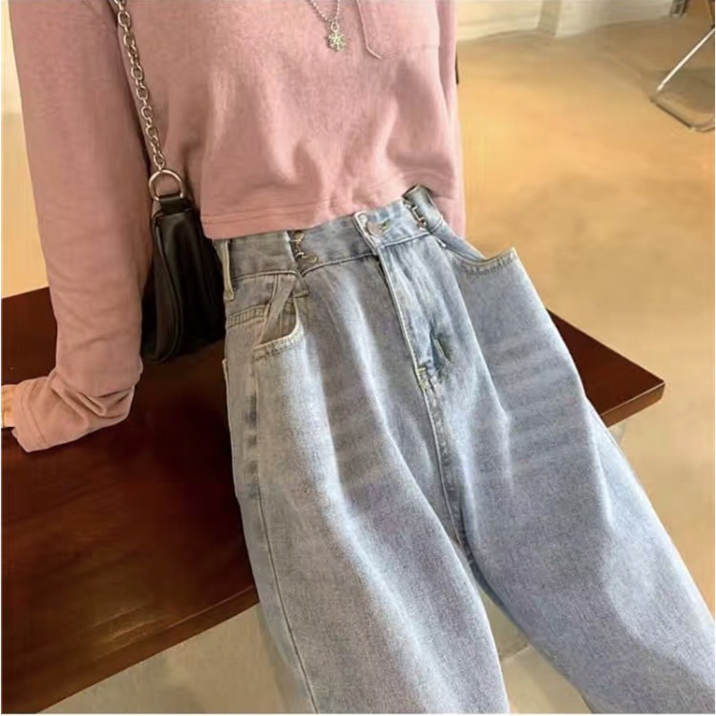 [SẴN] Quần jeans denim dài cạp cao, ống suông, có nút gài eo quần bò thần thánh kéo dài chân