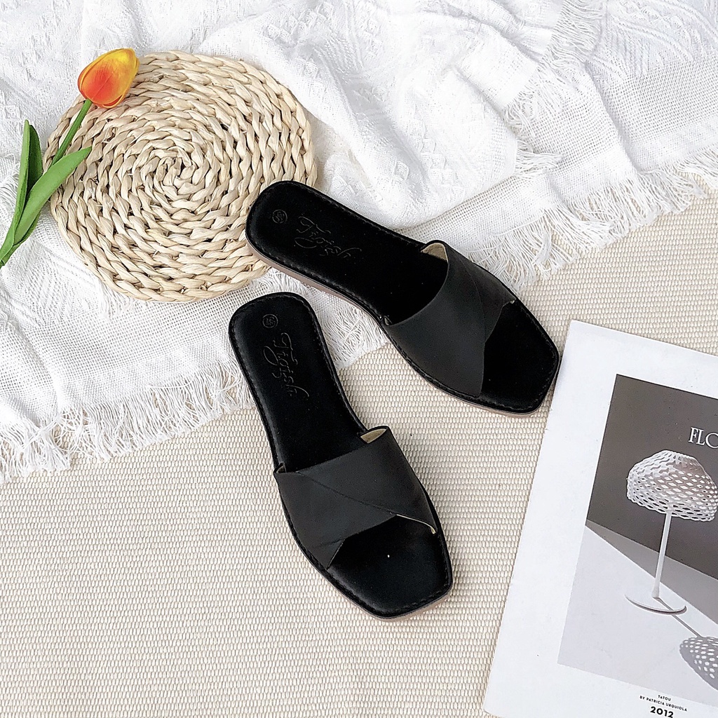 Dép nữ quai ngang NALLDOS, Quai da Microfiber, đế 2cm TPR chống trượt 6 màu (Đen, Bò, Trắng, Kem, Vàng và Xanh)