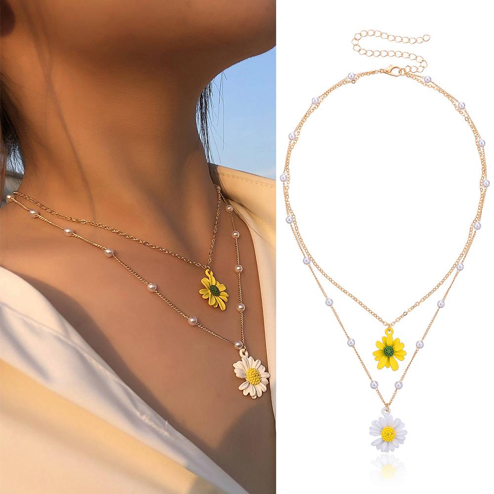 Vòng cổ Hai Lớp Mặt Hình Hoa Cúc Màu Vàng Trắng Dành Cho Nữ