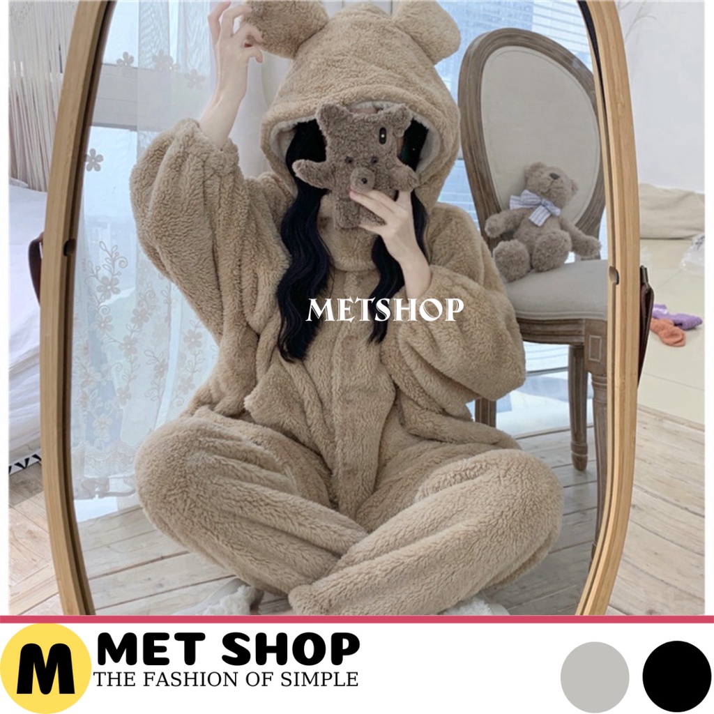 Bộ đồ ngủ mùa đông lông cừu giữ nhiệt tốt, nhung bông mềm mịn cho nữ siêu ấm, bộ mặc nhà nữ dày dặn có vòng cổ -METSHOP0