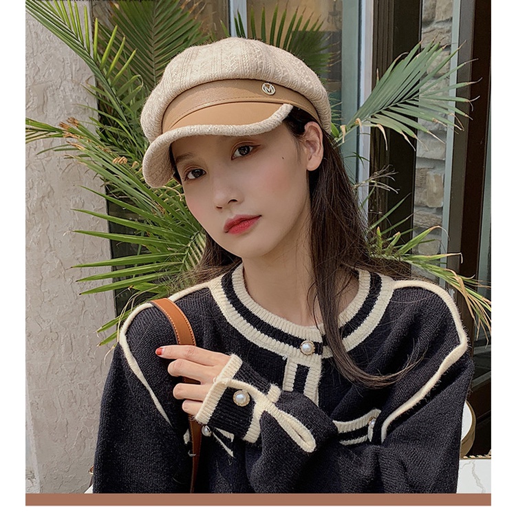 Mũ beret nữ thời trang vành da PU phối cotton 3 màu