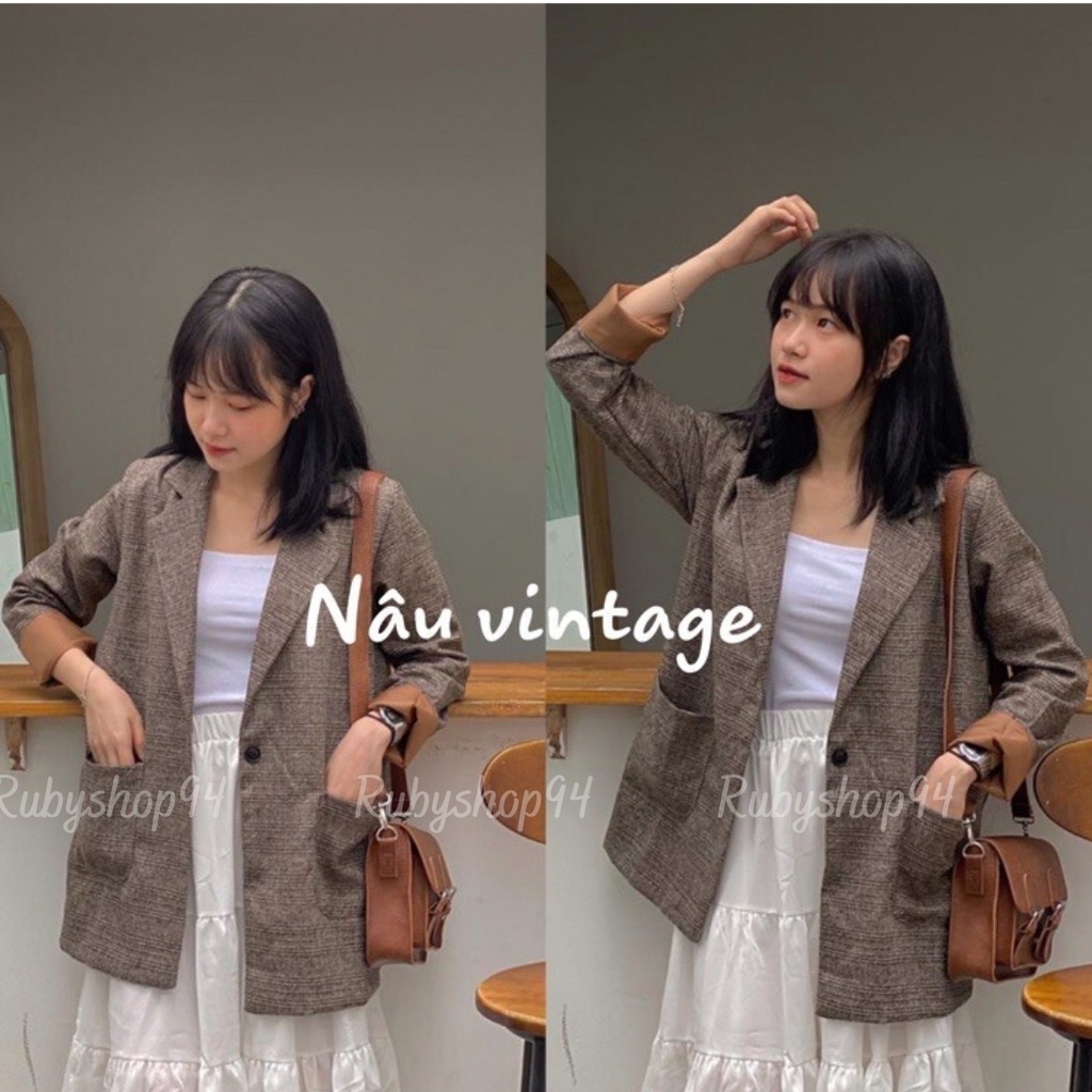 Áo Blazer nữ 2 lớp dài tay Hàn Quốc, Áo Vest dạ kẻ caro khoác ngoài đẹp
