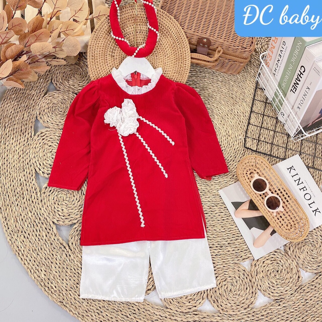 Áo Dài Nhung Đỏ Size Đại Cho Bé Gái Set 3 Chi Tiết