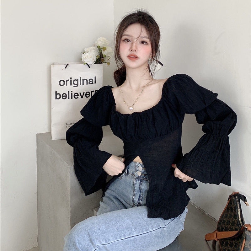 Áo Kiểu Pháp Cổ Vuông Tay Dài Loe Xếp Ly Thời Trang Mùa Thu Hàng Mới 2023