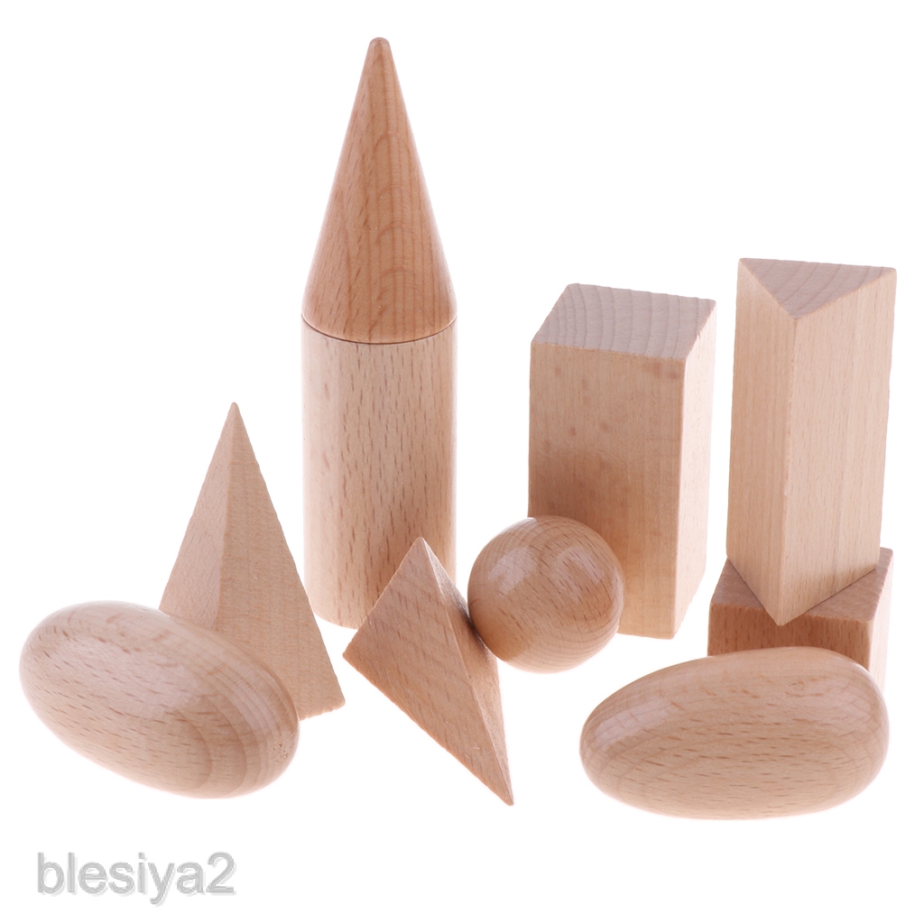 [BLESIYA2] Set of 10 Wooden Geometric Solids Math Montessori Educational Toys for Kids