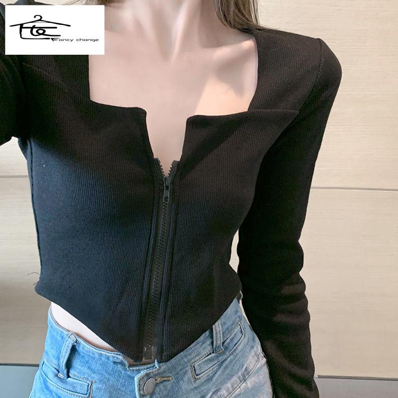 Áo Thun Dài Tay Phối Khóa Kéo Phong Cách Hàn Quốc