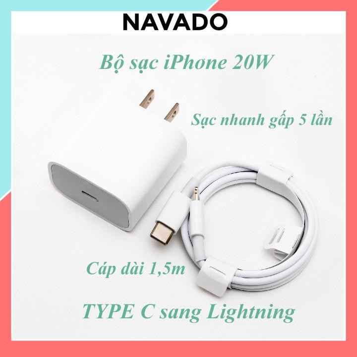 Bộ sạc nhanh iphone 20W Củ sạc dây sạc iphone cáp Type C sang to Lightning USB-C công nghệ PD 20W NAVADO