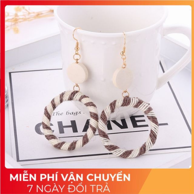 Bông tai thiết kế khoen tròn sợi chỉ vải sọc kiểu khuyên tai Hàn Quốc (nâu kem) [Mây Collections - mùa hè rực rỡ]