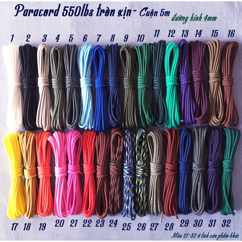 Dây dù Paracord 550lbs đường kính 4mm rất tròn cuộn 5m - từ màu 1 đến 20