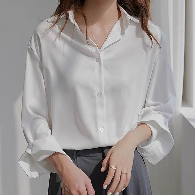 Áo sơ mi nữ trắng dài tay chất lụa hàn - Áo dài tay kiểu cổ đứng dáng oversize