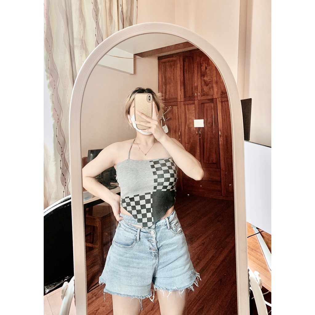 Áo croptop cổ yếm kẻ caro ôm body hở lưng sexy/ Áo yếm nữ 3 màu quyến rũ dễ phối đồ_kudoshop