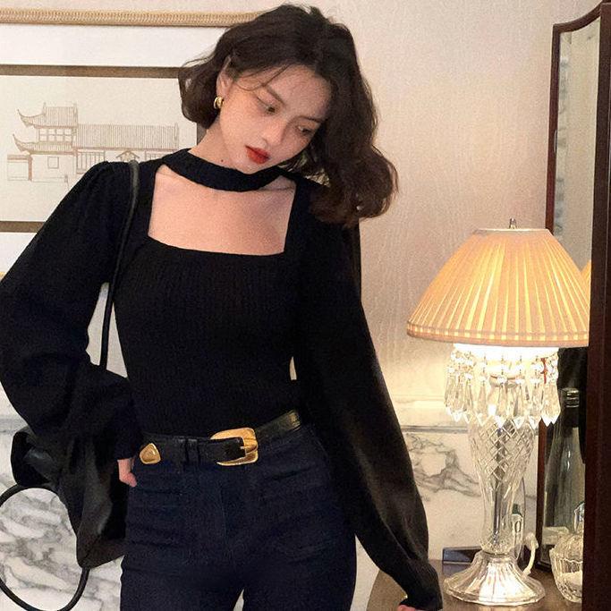 Áo Sweater Cổ Vuông Hở Lưng Màu Đỏ Phong Cách Nước Ngoài Thời Trang Thu Đông