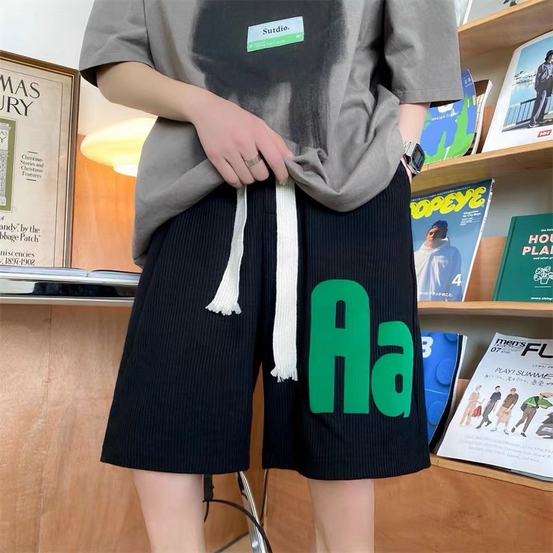 Quần Đùi Thun Chữ Aa Form Rộng Nam Nữ Meeny - Short Xanh Lá Dáng Rộng In Hình Chất Thun Tăm Mịn Phong Cách Hàn Quốc