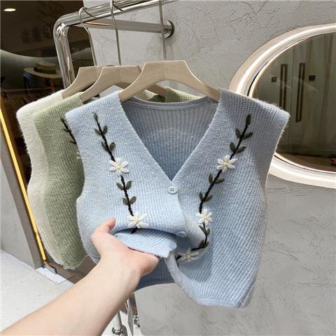 Áo Dệt Kim Không Tay Cổ Chữ V Thêu Họa Tiết Phong Cách Mới Cho Nữ