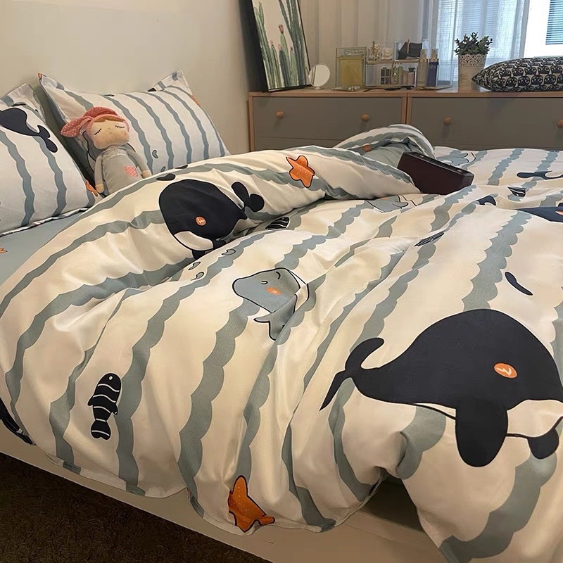 Bộ ga gối và vỏ chăn Cotton Poly mềm mát mẫu Cá Heo Xanh