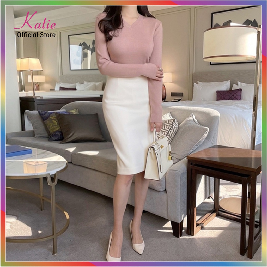 Chân Váy Bút Chì Công Sở Màu Trắng Katie Dài 63cm, Chân Váy Ôm Dài Qua Gối Chất Thun Hàn Co Giãn, Váy Bút Chì Trắngcv801
