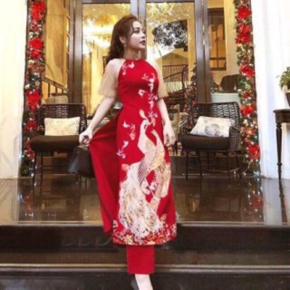 Set áo dài cách tân hoạ tiết công kèm quần size M L XL 2xl