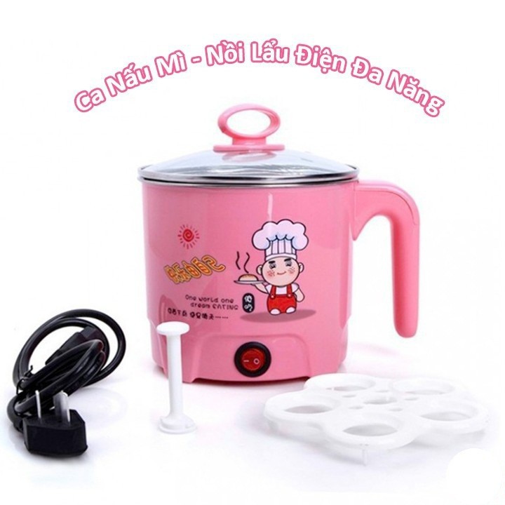 Ca nấu Mì Đa Năng Siêu Tốc, Nồi Lẩu Điện Mini 18cm Kèm Giá Hấp Trứng Thông Minh