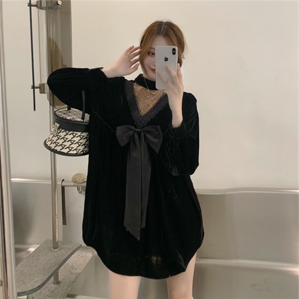 Đầm Nhung Phối Lưới Thắt Nơ Phong Cách Retro Thời Trang Thu Đông