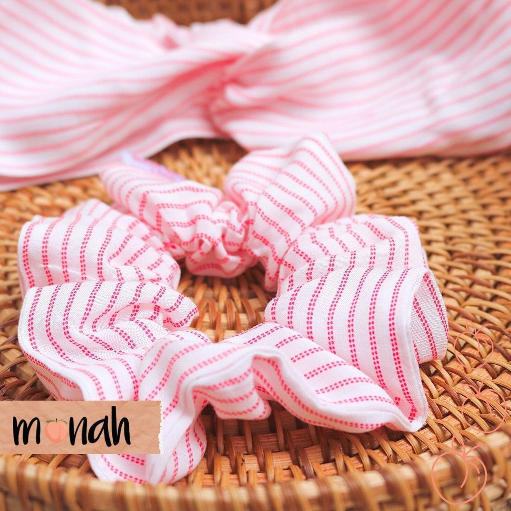 Combo Dây Buộc tóc, Cột tóc Scrunchie Và Turban Băng Đô Nữ Rayon Sọc Trắng Đỏ San Hô
