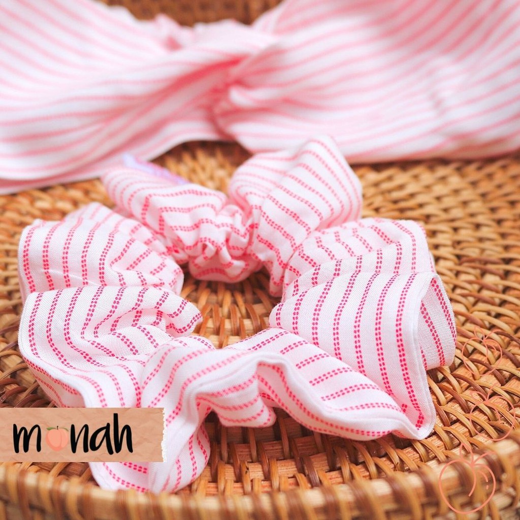 Combo Dây Buộc tóc, Cột tóc Scrunchie Và Turban Băng Đô Nữ Rayon Sọc Trắng Đỏ San Hô