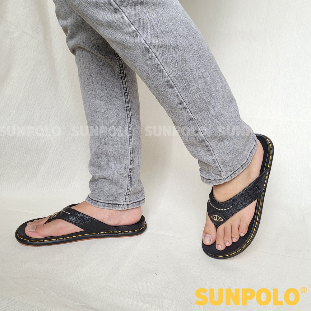 Dép xỏ ngón nam da bò SUNPOLO KEP203 - Đen