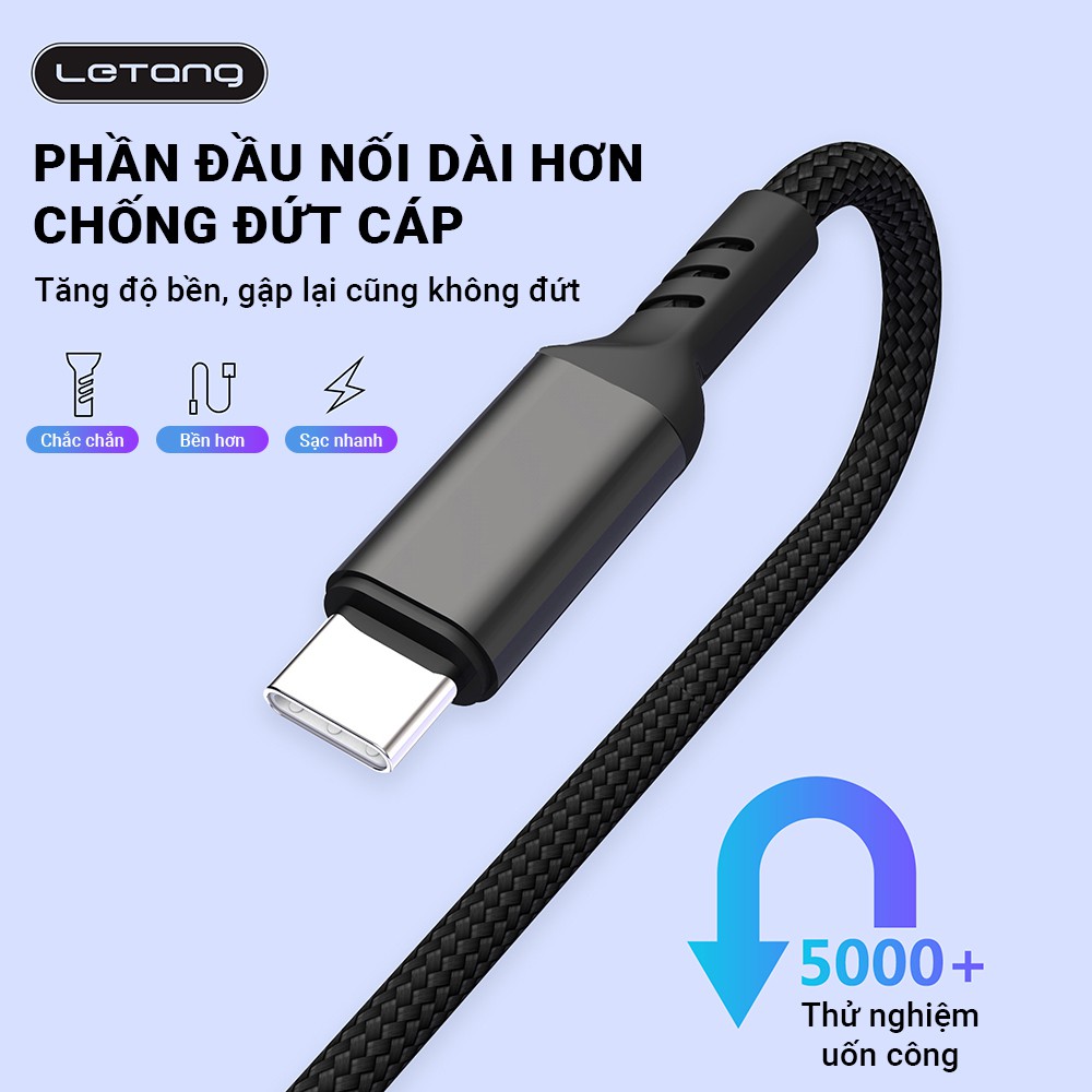 Cáp sạc nhanh 3 IN 1 sạc nhanh 5A LETANG LT-ET-06 đầu cáp hợp kim nhôm chắc chắn, thân cáp bọc sợi nylon BH 1 ĐỔI 1