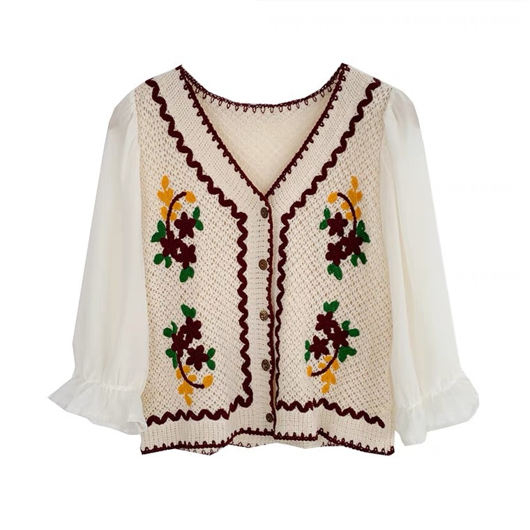 Hàng Sẵn_ Áo len dệt kim thêu ren tay bồng phong cách retro