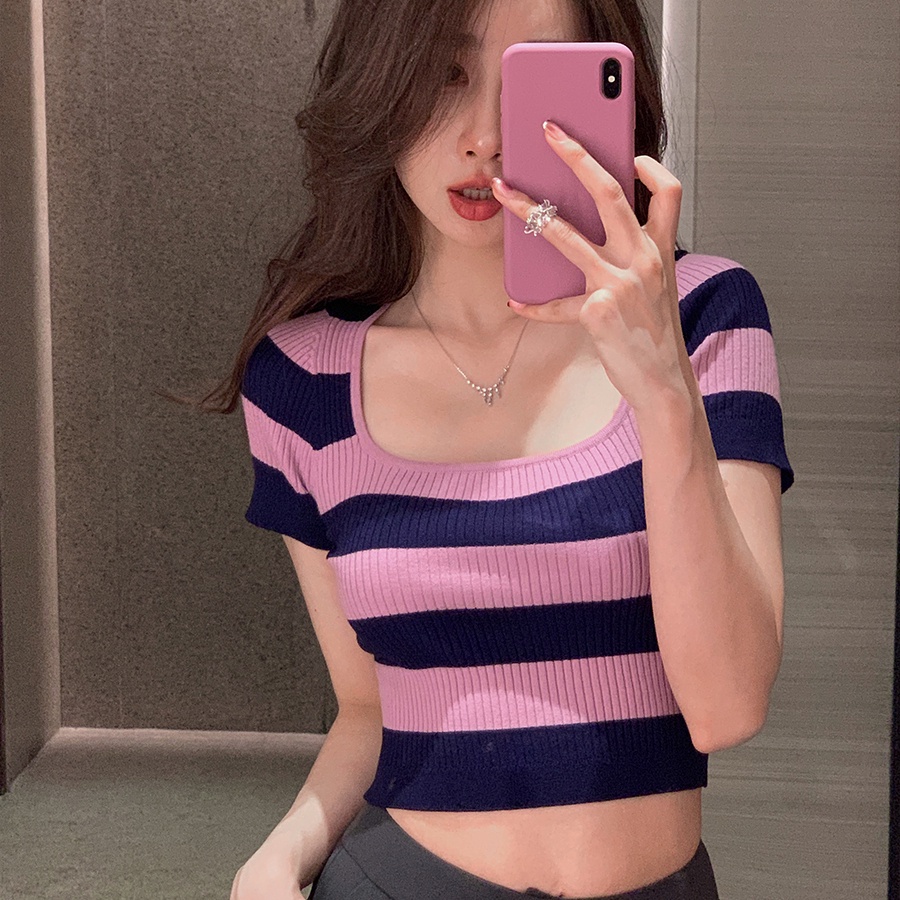 Áo Thun Kiểu Cổ Vuông Họa Tiết Sọc Thời Trang Phong Cách Vintage Cho Nữ